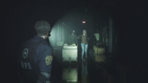 Leon Kennendy shines flashlight down hallway, revealing some uninvited guests... 'Resident Evil 2' (2019)