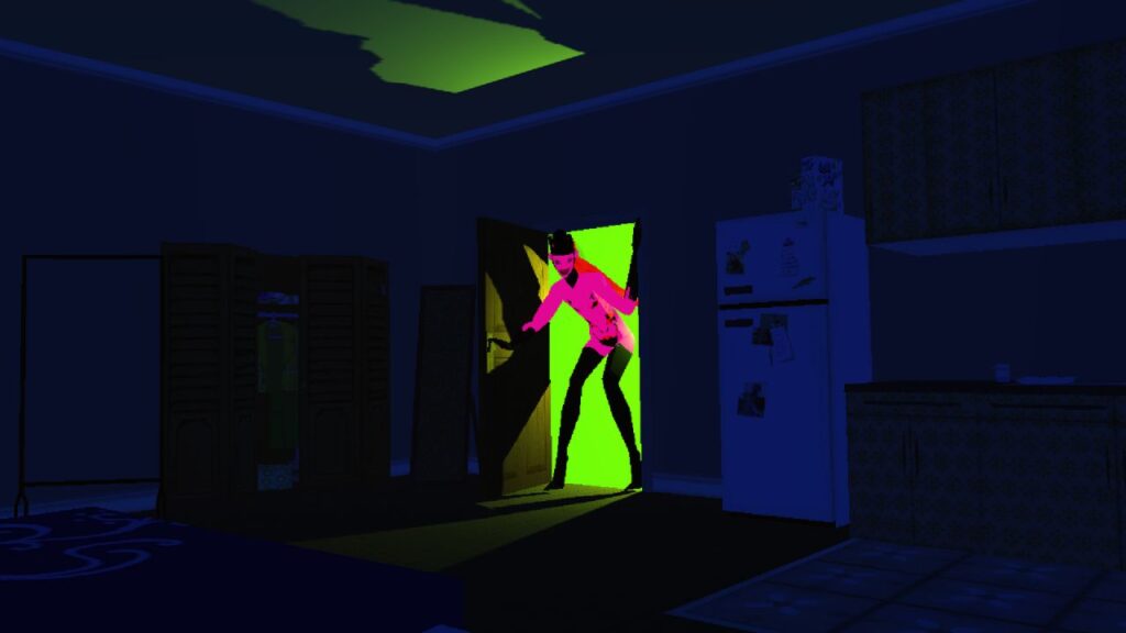 Screenshot from 'Sorry, We're Closed' shows vivid pink entity standing in bedroom doorway menacingly