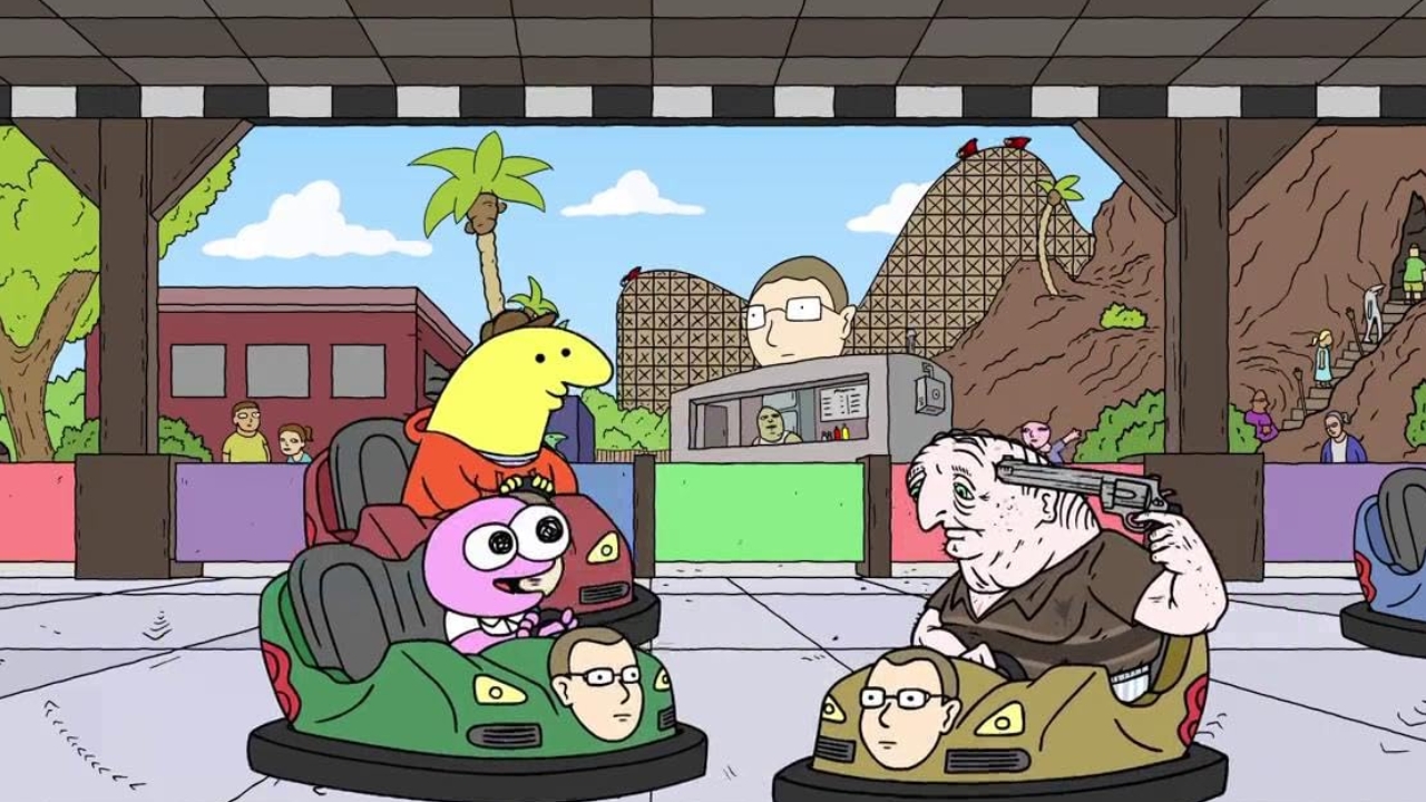 Smiling Friends Desmonds Big Day Out | Outrun Gaming Scene in 'Smiling Friends' pilot episode, "Desmond's Big Day Out," shows Pim and Charlie helping a downtrodden Desmond enjoy Dave Land.