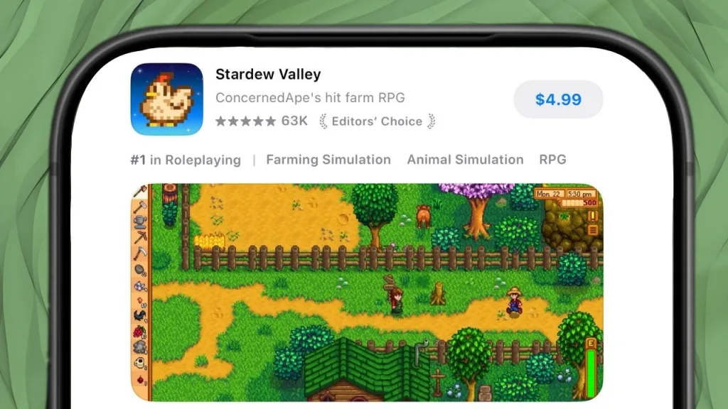 Stardew Valley (Apple App Store) | Outrun Gaming Apple iPhone edited to show compact version of 'Stardew Valley' App Store listing