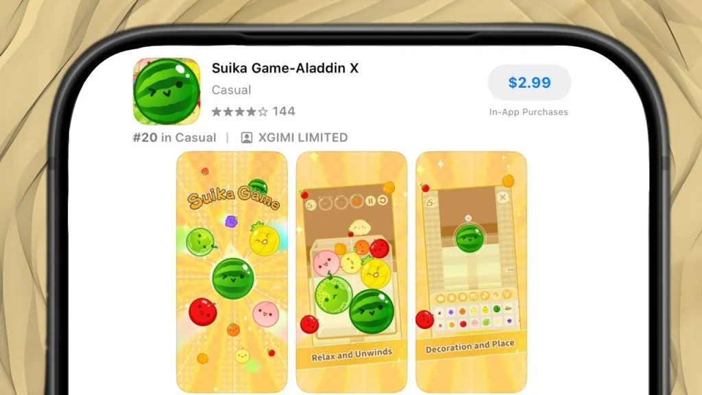 Suika Game (Apple App Store) | Outrun Gaming Apple iPhone edited to show compact version of 'Suika Game' App Store listing