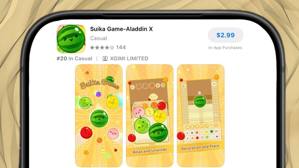 Apple iPhone edited to show compact version of 'Suika Game' App Store listing