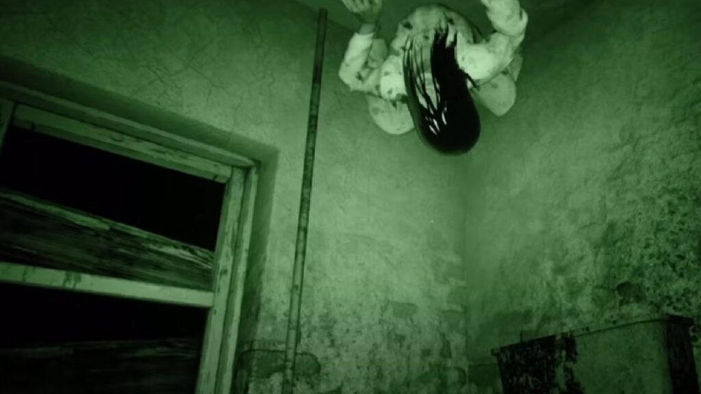 Black-haired woman in tattered clothing clings to ceiling with all four limbs, hangs upside down — "Summer of '58" (2021)