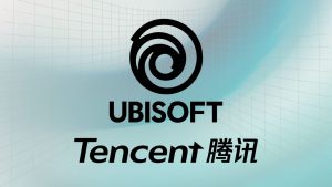Blue grid background; foreground shows Tencent and Ubisoft logos.