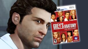 On left, Dr. Shepherd (Patrick Dempsey) as seen in 'Grey's Anatomy: The Video Game' for Nintendo Wii. To the character's right, the game's cover/packaging.