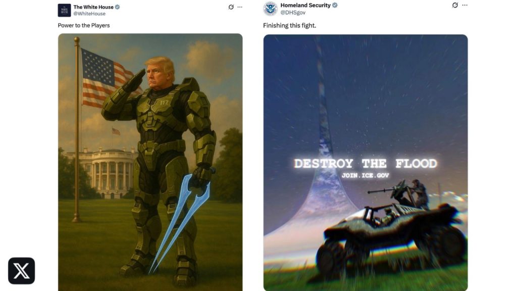 X halo | Outrun Gaming Screenshots of Trump administration's official ICE recruitment posts on X (formerly Twitter) feature AI-generated 'Halo' imagery.