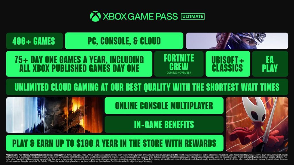 Image from Xbox Game Pass announcement shows perks included with revised 'Ultimate' plan.