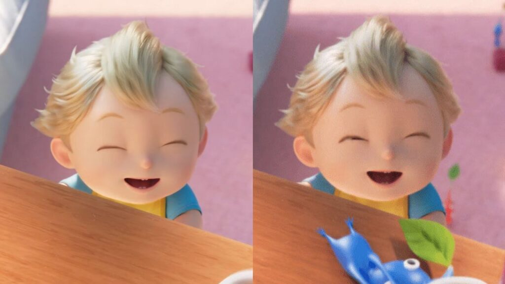 Two screenshots from Nintendo | Outrun Gaming's 'Close to You' short. On the left, a shot from the original Pikmin-less clip shows baby looking at its pacifier atop the dresser. On the right, the same scene shows Pikmin both on the dresser and behind baby.