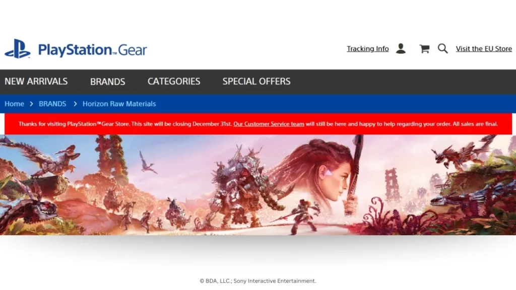 playstation gear 1 | Outrun Gaming Screenshot of PlayStation Gear store shows bright red banner with closure announcement: "Thanks for visiting PlayStation™Gear Store. This site will be closing December 31st. Our Customer Service team will still be here and happy to help regarding your order. All sales are final."