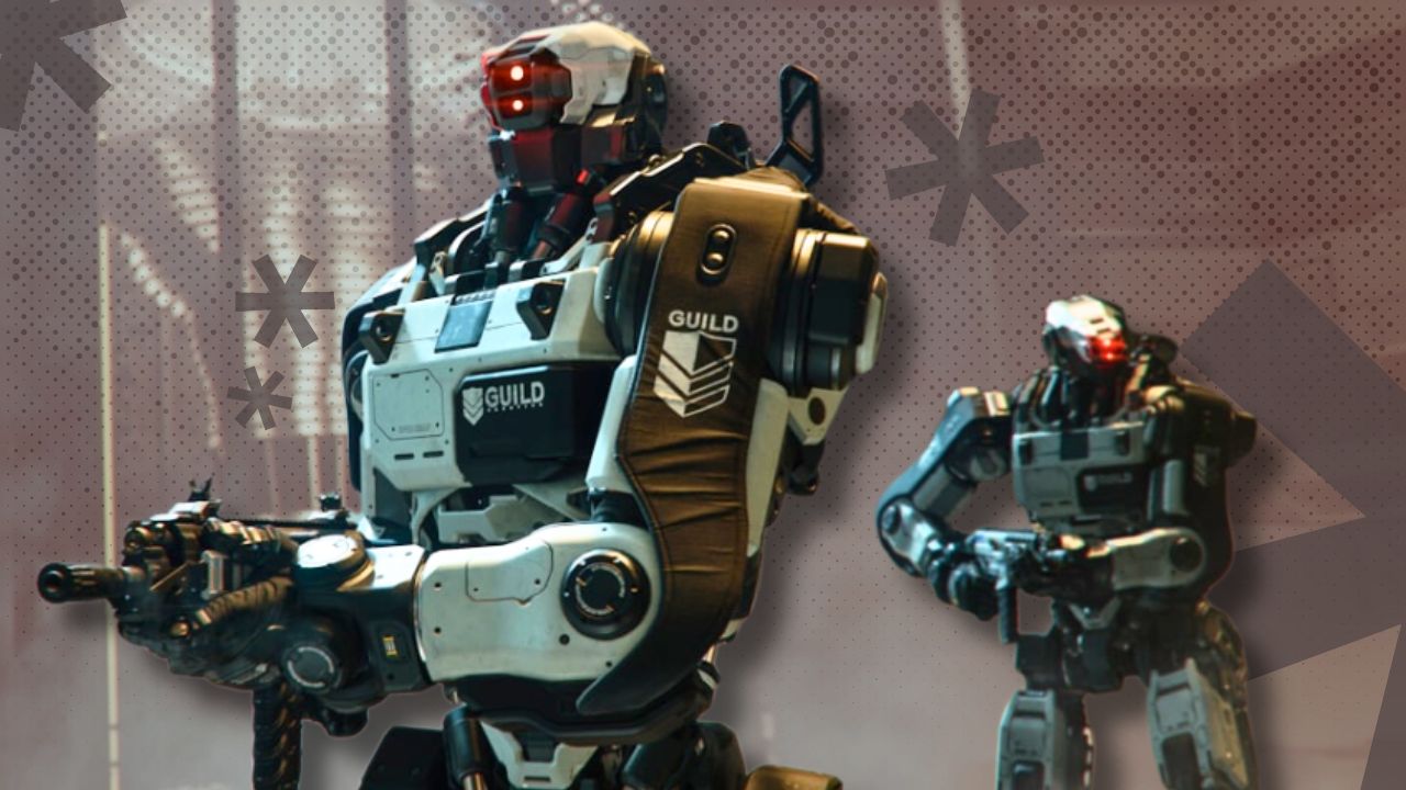 Edited image from 'Call of Duty: Black Ops 7' shows The Guild's robo-soldiers with geometric, grungy background (Outrun Gaming: Can’t-Miss New Game Releases for November 2025) | Outrun Gaming