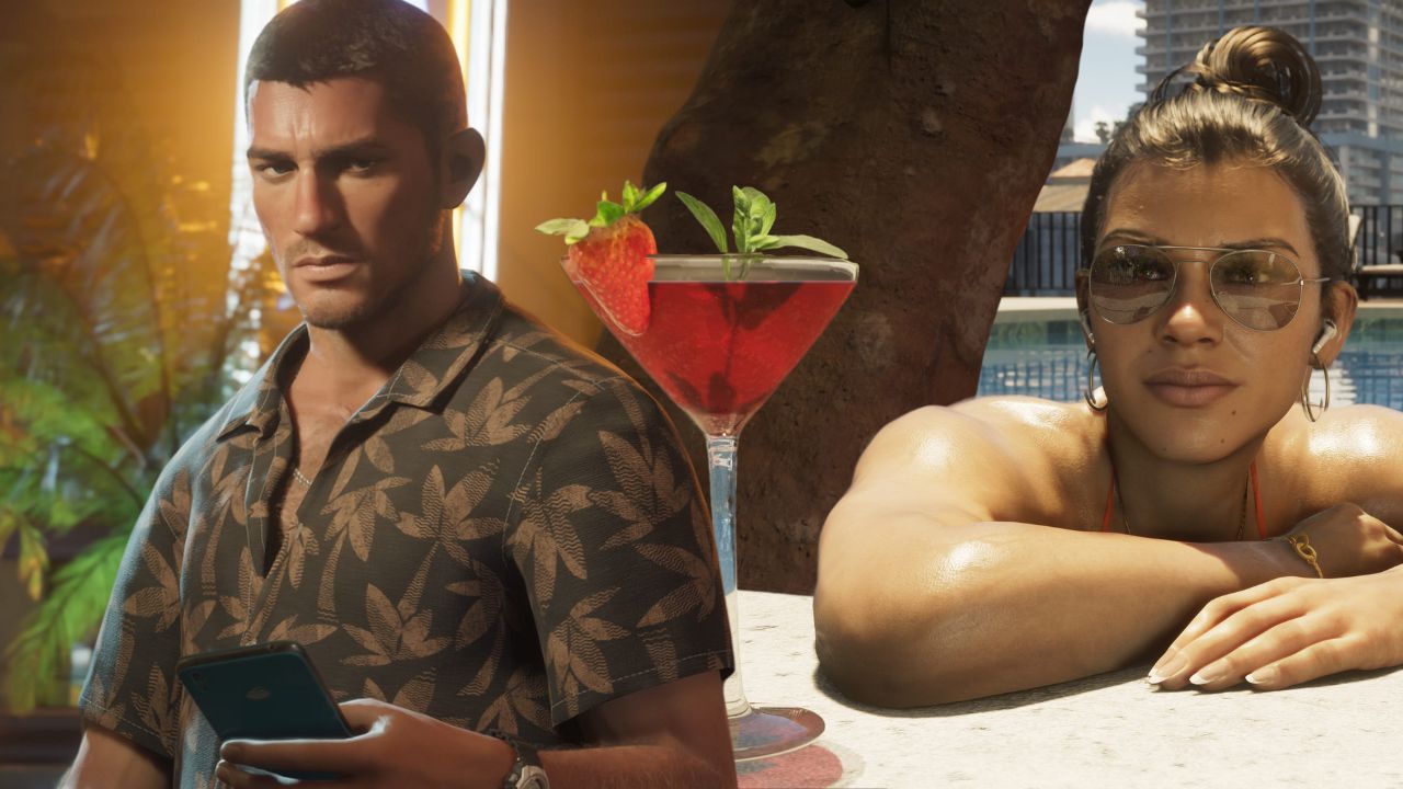 Edited photo of GTA VI co-protagonists Jason and Lucia blends promotional images together. (Outrun Gaming: Rockstar delays 'Grand Theft Auto VI'—again) | Outrun Gaming