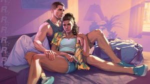 Edited 'Grand Theft Auto VI' promo image features the game's co-protagonists canoodling in bed with bag of cash. (Outrun Gaming: 'GTA VI' studio Rockstar Games accused of union busting)