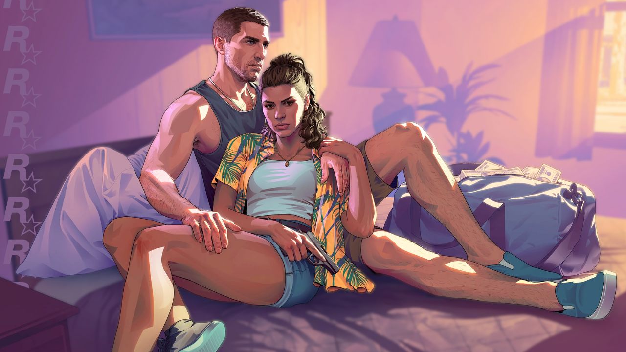Edited 'Grand Theft Auto VI' promo image features the game's co-protagonists canoodling in bed with bag of cash. (Outrun Gaming: 'GTA VI' studio Rockstar Games accused of union busting) | Outrun Gaming