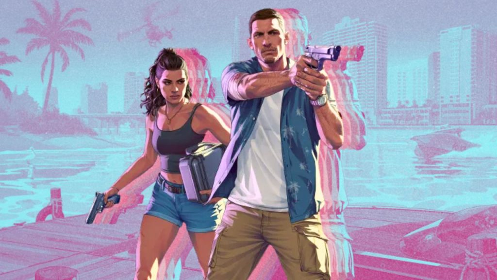 Edited 'Grand Theft Auto VI' promo image features the game's co-protagonists Jason and Lucia with hot pink/blue double-vision effect. (Outrun Gaming: 'GTA VI' studio Rockstar Games accused of union busting)