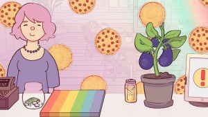 Edited screenshot from 'Good Pizza, Great Pizza' shows customer at counter with rainbow pizza box. Floating pizzas and rainbow overlay added. (Outrun Gaming: YES, CHEF! Best Cooking Games on Steam)