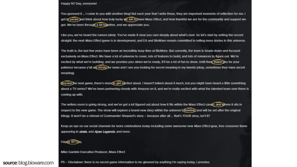 N7 DAY BLOG | Outrun Gaming Screenshot of N7 Day blog post from BioWare, 'Mass Effect' executive producer Mike Gamble. Outrun Gaming has circled intermittent italicized characters that hint at possible hidden message.