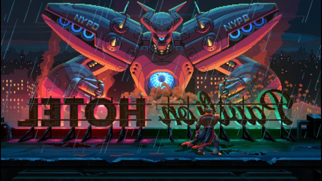 Still image from cyberpunk run-and-gun indie game  | Outrun Gaming'Neon Inferno' (2025) from Zenovia and Retroware