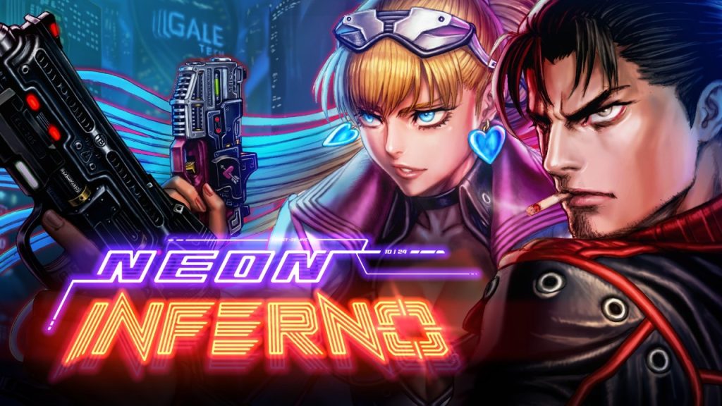 Still image from cyberpunk run-and-gun indie game  | Outrun Gaming'Neon Inferno' (2025) from Zenovia and Retroware