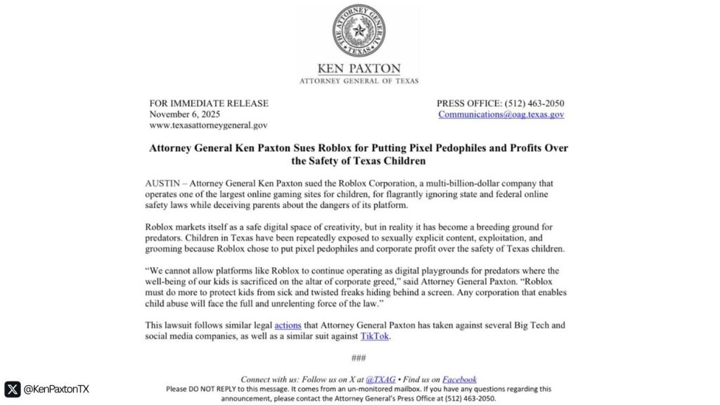 TX AG/ROBLOX | Outrun Gaming Statement posted by TX AG Ken Paxton to X (Outrun Gaming: ‘Pixel pedophiles’: Texas AG sues ‘Roblox’ over child safety concerns)