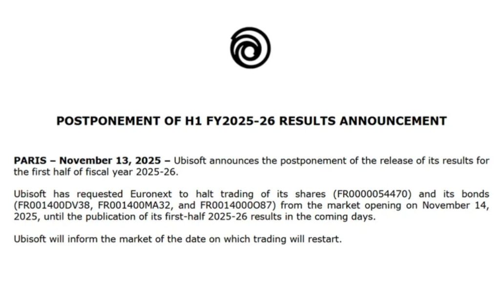UBISOFT 25-26 Postponement | Outrun Gaming Screenshot of UBISOFT 25-26 financial report postponement (Outrun Gaming: Uh-oh, Ubisoft: Studio delays 2025-26 earnings report, halts trading) | Outrun Gaming