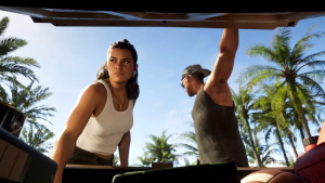 Promo image from Rockstar Games’ upcoming ‘GTA’ entry, ‘Grand Theft Auto VI,’ shows co-protagonists Lucia and Jason opening car trunk and looking inside. (Outrun Gaming: ‘GTA VI’ studio Rockstar denies union-busting allegations)