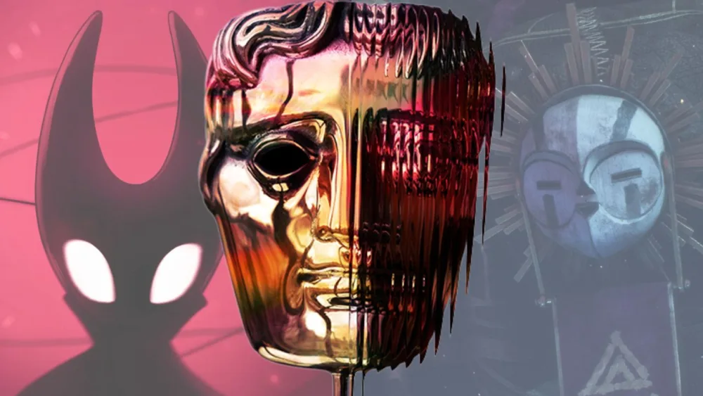 BAFTA Longlists 2026 | Outrun Gaming Bronze BAFTA Mask award shown center-foreground. Background shows images from | Outrun Gaming'Hollow Knight: Silksong' and 'Clair Obscur: Expedition 33,' two of the ceremony's selections.