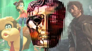 Bronze BAFTA Mask award shown center-foreground. Background shows images from 'Donkey Kong Bananza' and 'Clair Obscur: Expedition 33,' two of the ceremony's selections.