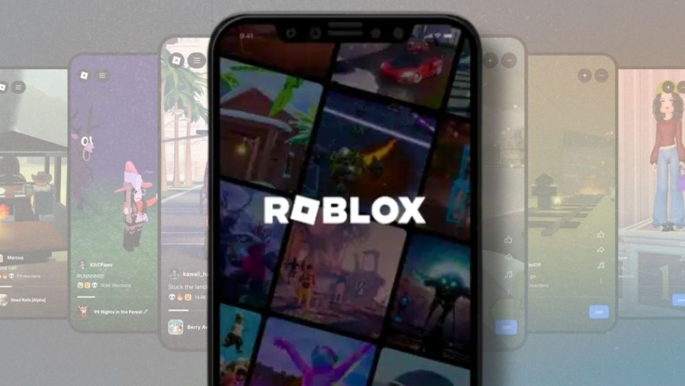 Roblox shown on smartphone in foreground; background shows several phones with Roblox open. | Outrun Gaming