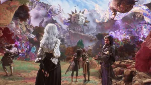 Promo image from 'Clair Obscur: Expedition 33' udpate, 'Verso's Drafts.' Image shows Verso (right) extending hand to Alicia (left) with other cast shown in background.