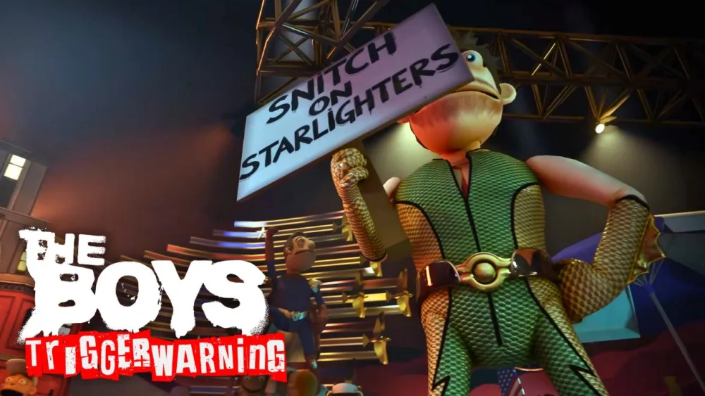 THE BOYS TRIGGER WARNING 3 | Outrun Gaming Screenshot from | Outrun Gaming'The Boys: Trigger Warning' trailer shows puppet-like version of superhero The Deep with sign that says 'Snitch on Starlighters'