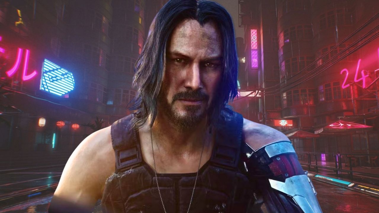 Johnny Silverhand (Keanu Reeves) shown center-foreground with vivid neon signage behind him. 🎮 Outrun Gaming