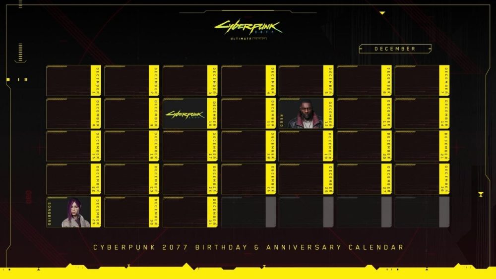 CD Projekt Red shares  | Outrun Gaming'Cyberpunk 2077' December 2025 calendar graphic via X/Twitter on December 1, 2025. Calendar shows Solomon Reed and So Mi Song's birthdays as well as logo on game's anniversary.