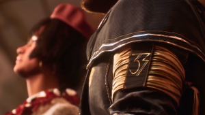 Still image from 'Clair Obscur: Expedition 33' (2025) shows close-up of Gustave's "33" arm band; Sophie visible next to Gustave in background