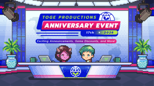 Toge Productions 17th Anniversary Event promo pixel art shows two news anchors behind news desk