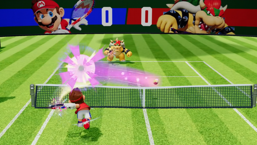 Still image from Nintendo | Outrun Gaming's 'Mario Tennis Fever' overview trailer shows match between Mario and Bowser