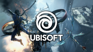 Ubisoft logo shown center-foreground; background shows screenshot from 'Avatar: Frontiers of Pandora' "From the Ashes" launch trailer