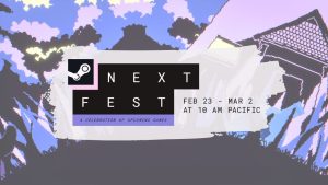 Steam Next Fest Feb. '26 promo image shown center-foreground over pastel-colored frame from 'WOODROT'