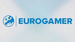 Eurogamer logo shown center-foreground over light blue gradient background.