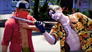 Goro Majima (R) wields sword, smug smile (Like a Dragon: Pirate Yakuza in Hawaii)