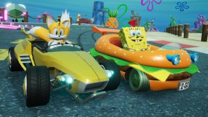 Still image from 'Sonic Racing: CrossWorlds' (2025) shows Tails and Spongebob Squarepants