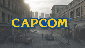 Capcom logo shown center-foreground over Resident Evil's infamous Raccoon City