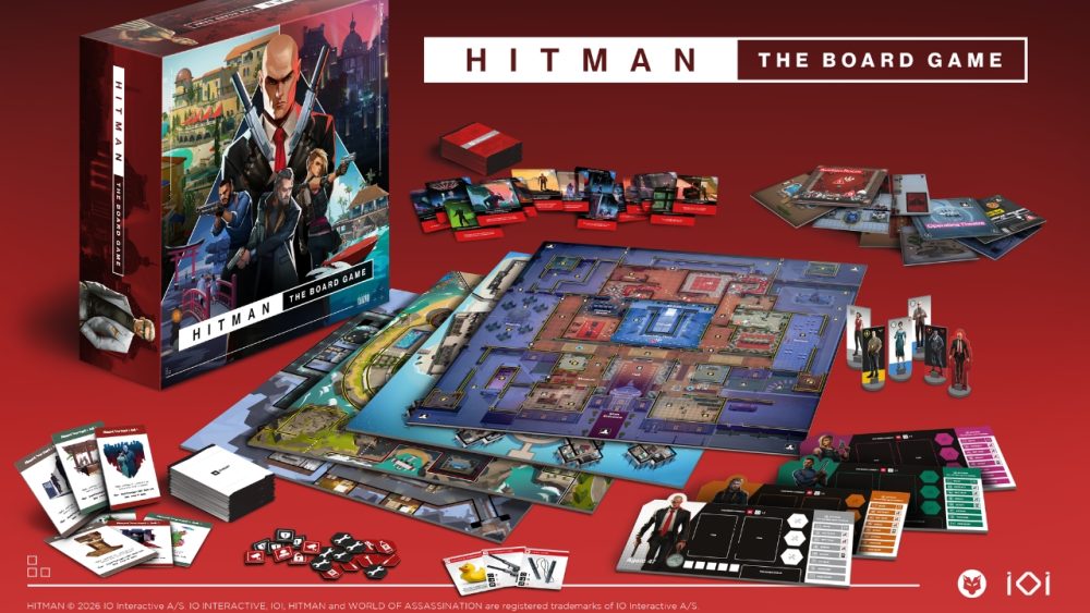 'Hitman: The Board Game' promo image shows game box, game board, cards, tokens, and assorted playable miniatures against red backdrop | Outrun Gaming