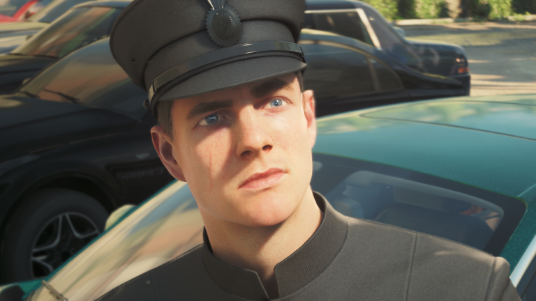 Male officer in a peaked-cap uniform gazing off to the side, with a green car in a parking lot behind him | Outrun Gaming | Outrun Gaming