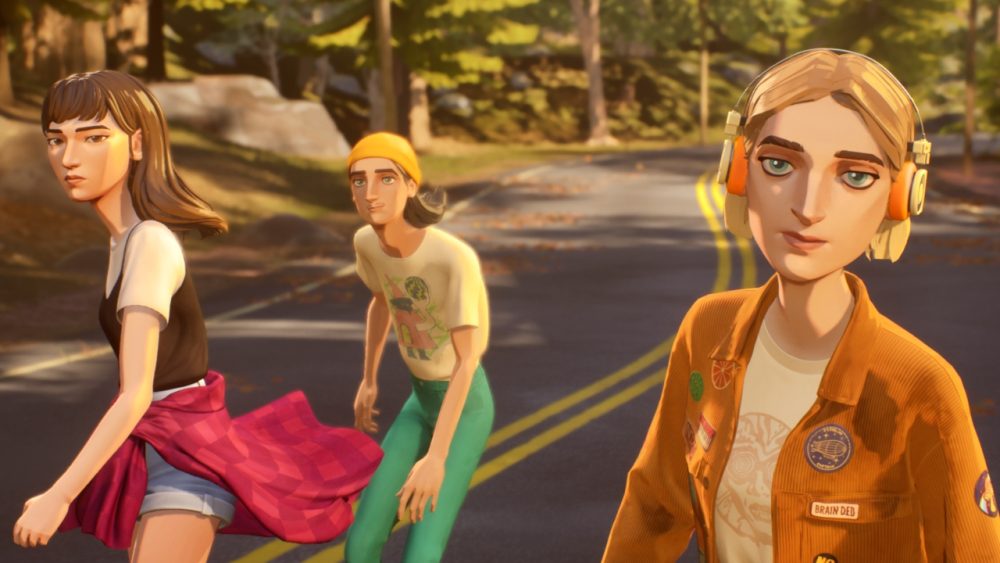 Three stylized teens walk down a sunlit forest road; foreground girl wears orange headphones and an orange jacket with patches. 🎮 Outrun Gaming