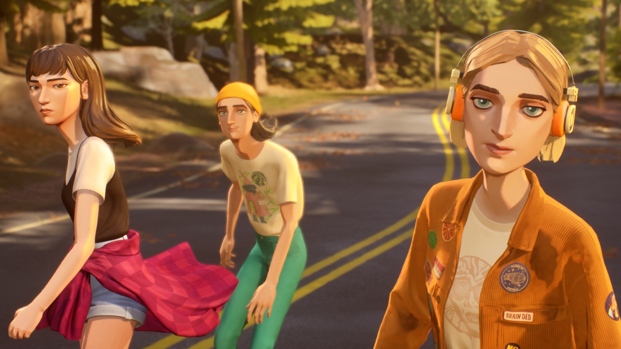Mixtape Review 🎮 Outrun Gaming Three stylized teens walk down a sunlit forest road; foreground girl wears orange headphones and an orange jacket with patches. 🎮 Outrun Gaming