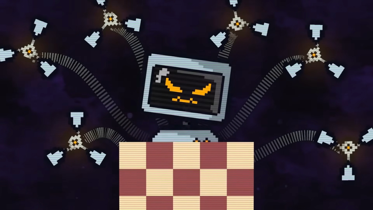Anthropomorphic computer stands menacingly over chessboard, several mechanical tentacles surround PC 🎮 Outrun Gaming