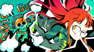 Red-haired character with glasses lunges forward in a bold, neon anime illustration, featuring pixel-art skulls, cyan background, and silhouetted figures.