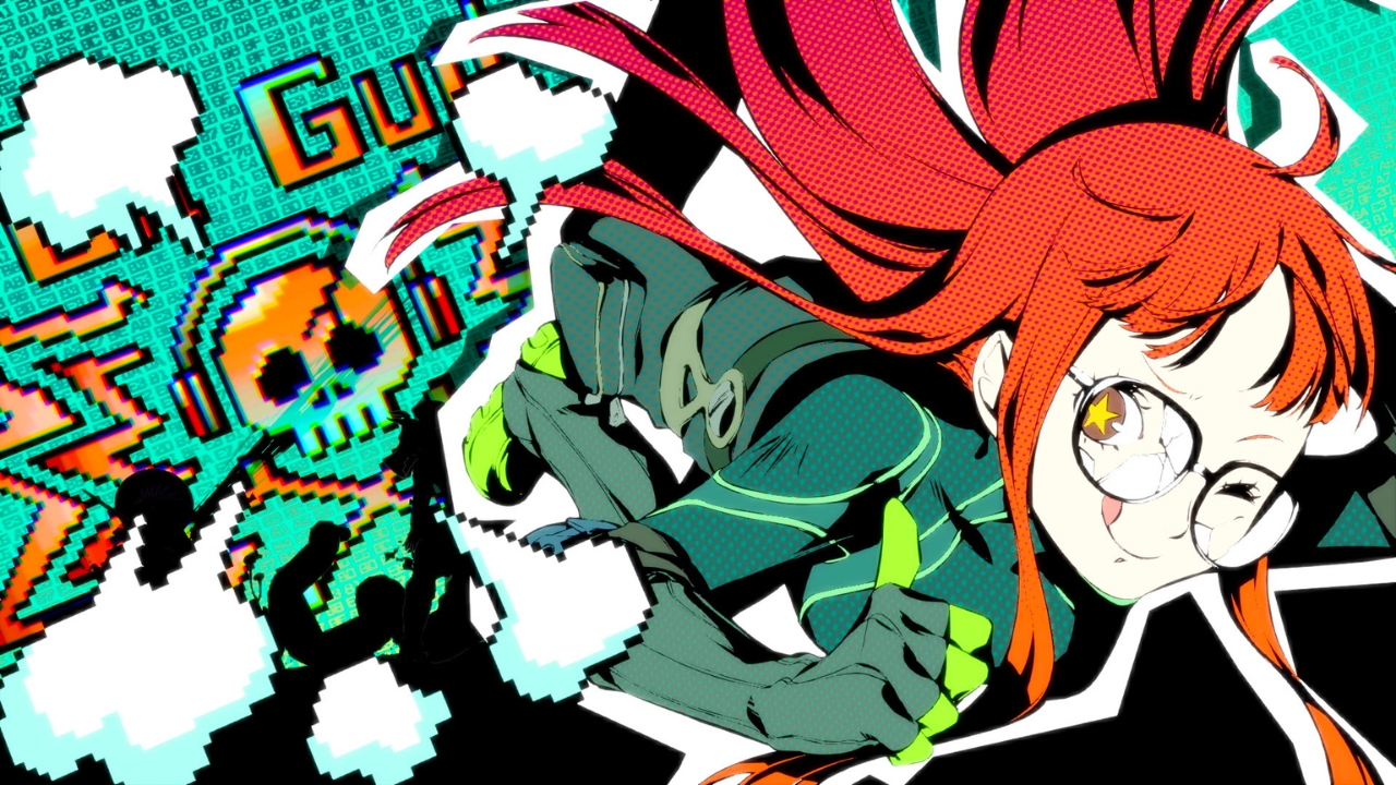 Persona 5 Royal (© ATLUS; SEGA) | Outrun Gaming Red-haired character with glasses lunges forward in a bold, neon anime illustration, featuring pixel-art skulls, cyan background, and silhouetted figures. | Outrun Gaming