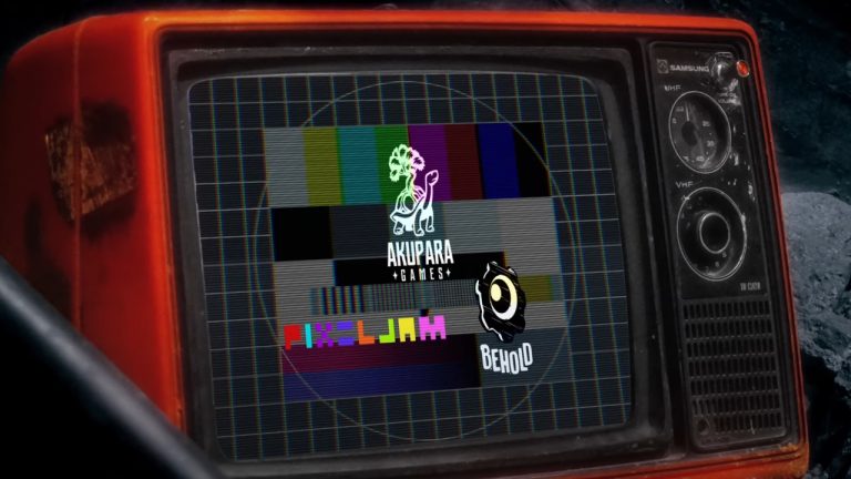 Still image from Akupara Games' partnership announcement trailer shows Akupara, Pixeljam, Behold Studios brand logos on CRT-TV (© Akupara Games; Pixeljam; Behold Studios) | Outrun Gaming | Outrun Gaming