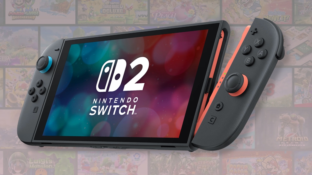 Nintendo Switch 2 (angled) | Outrun Gaming Nintendo Switch 2 shown center-foreground with console games selection in background (© Nintendo) | Outrun Gaming